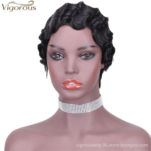 Vigorous Pixie Cut Black Short Curly Wigs for African American Women Real 100% Human Hair Finger Wave Wig
